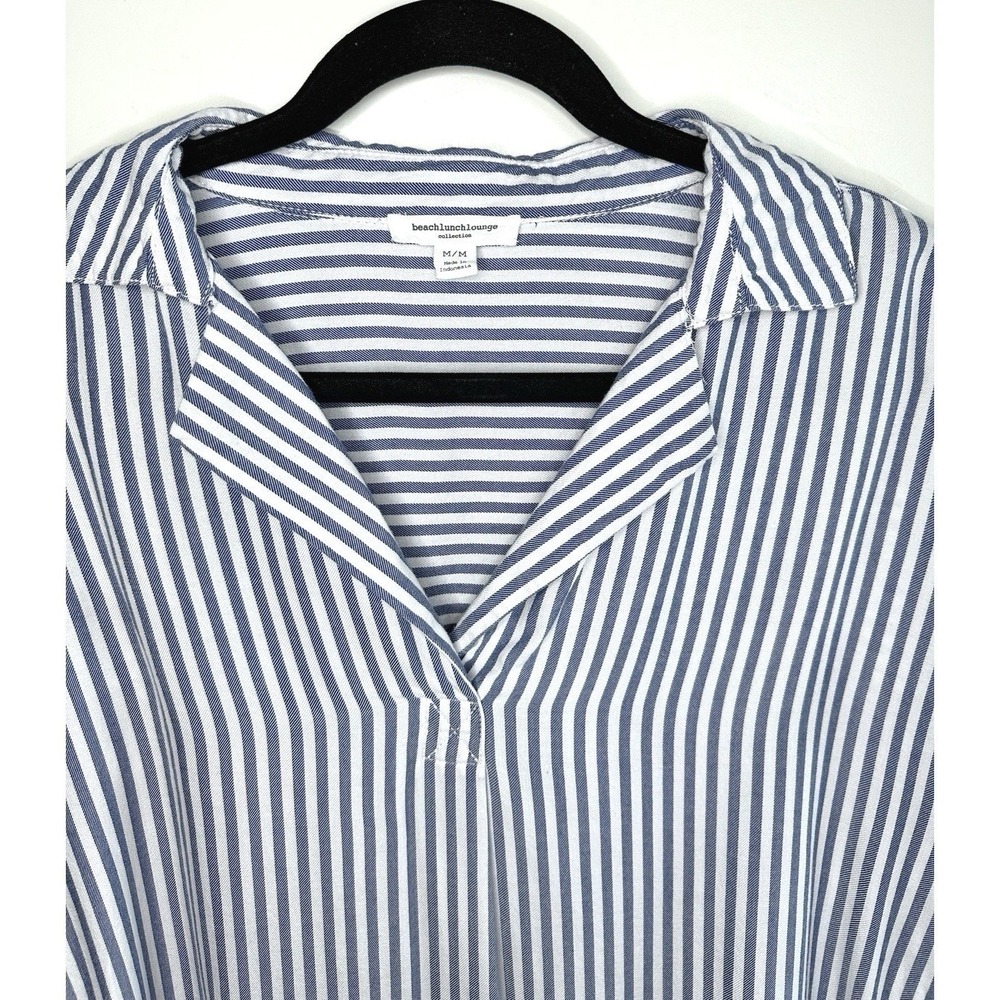Beach Lunch Lounge Striped Short Sleeve Blouse Size M Blue Rayon Nautical Summer - Picture 3 of 15